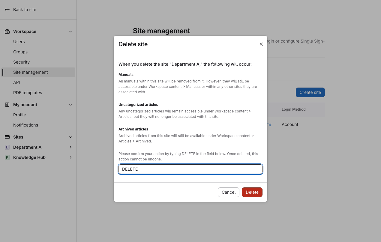Delete confirmation dialog
