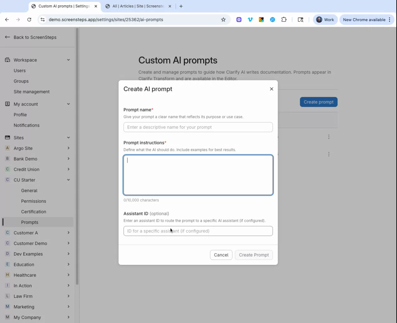 Create Prompt form with fields for Prompt name, Instructions, and optional Assistant ID