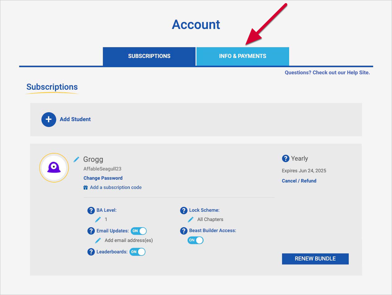 Screenshot of the Parent Account page.