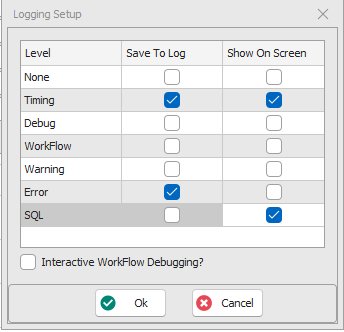 Logging Setup dialog showing level checkboxes for Save to Log and Show on Screen