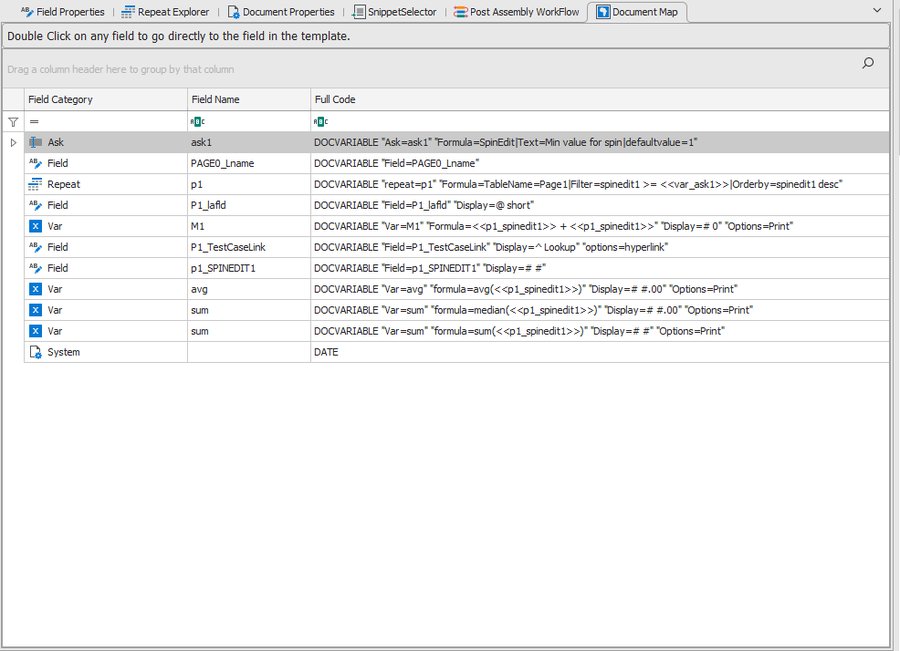Document Map tab showing a table of all variables used in the template with Field Category, Field Name, and Full Code columns