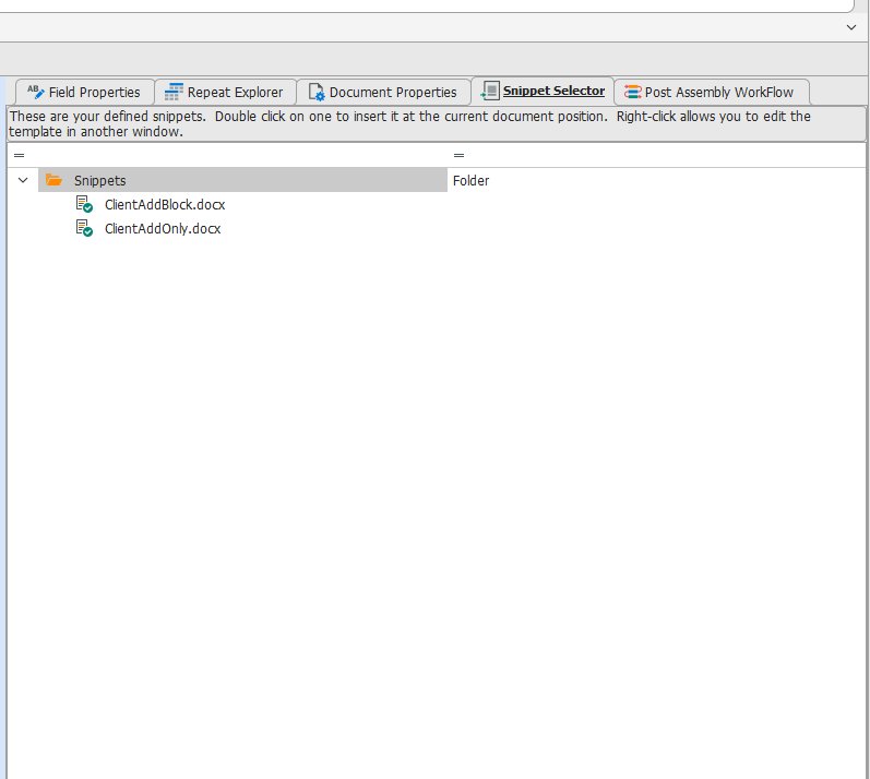 Snippet Selector tab showing a tree of defined snippet files