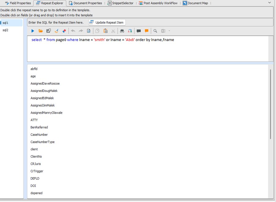 Repeat Explorer tab showing SQL repeat items on the left and available fields on the right