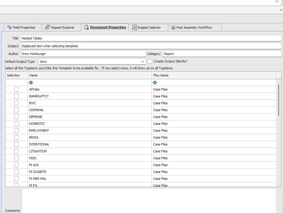 Document Properties tab showing Title, Author, Category, Default Output Type, and Typelaws selection