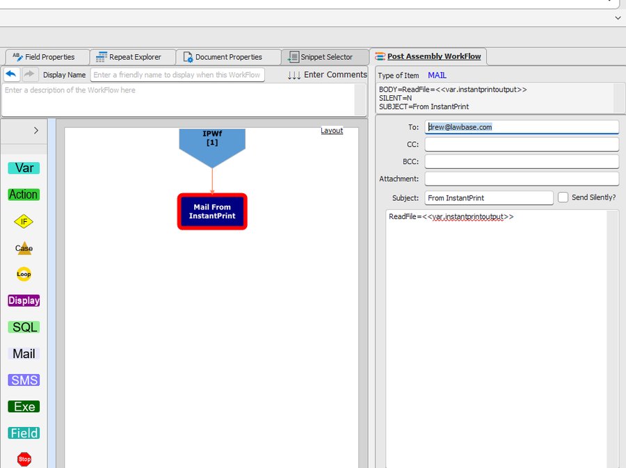 Post Assembly WorkFlow tab showing a Mail workflow component wired to send an email