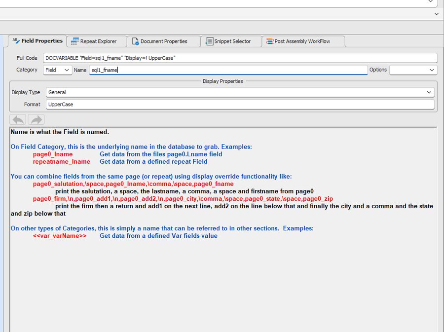 Field Properties tab showing Full Code, Category, Name, Options, Display Type and Format fields