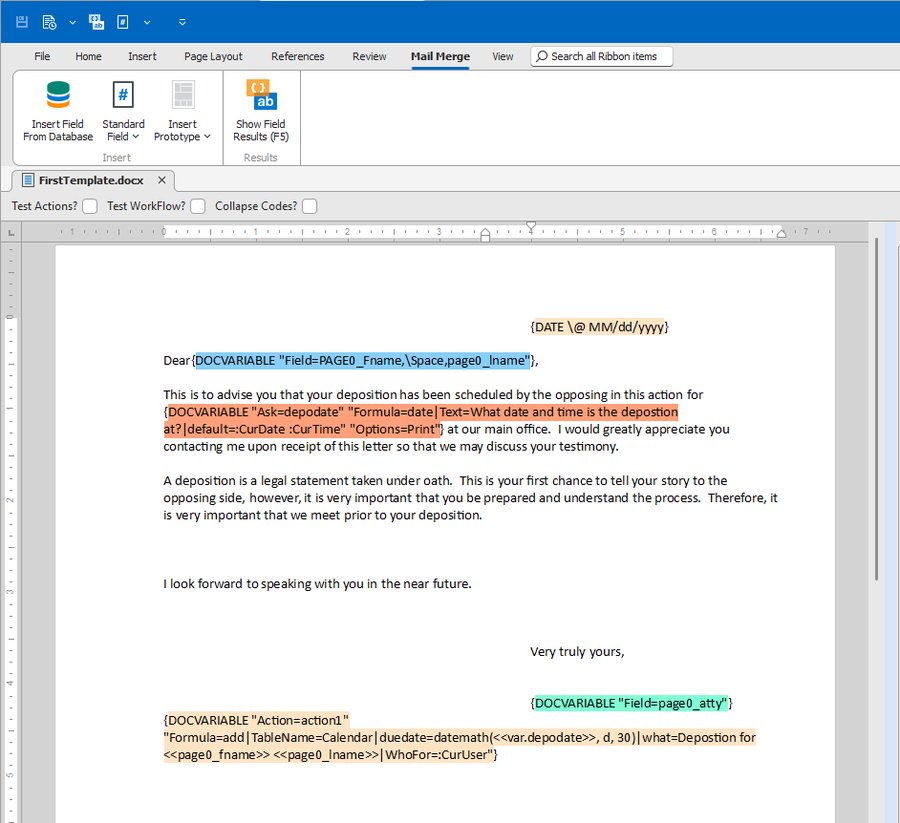 InstantPrint template editor showing the Mail Merge ribbon and a sample letter template