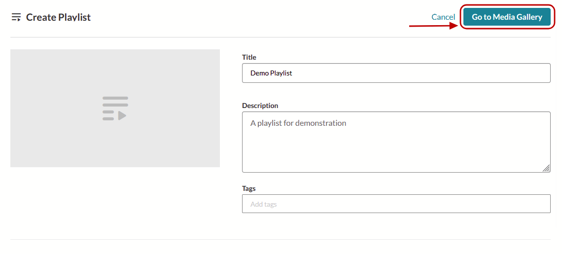 A Kaltura interface showing playlist information with the Go to Media Gallery button highlighted.