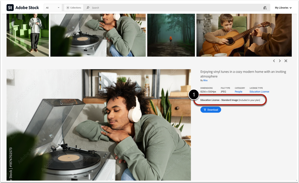 Adobe Stock image details page highlighting “Education License – Standard Image (Included in your plan)” next to the Download button.
