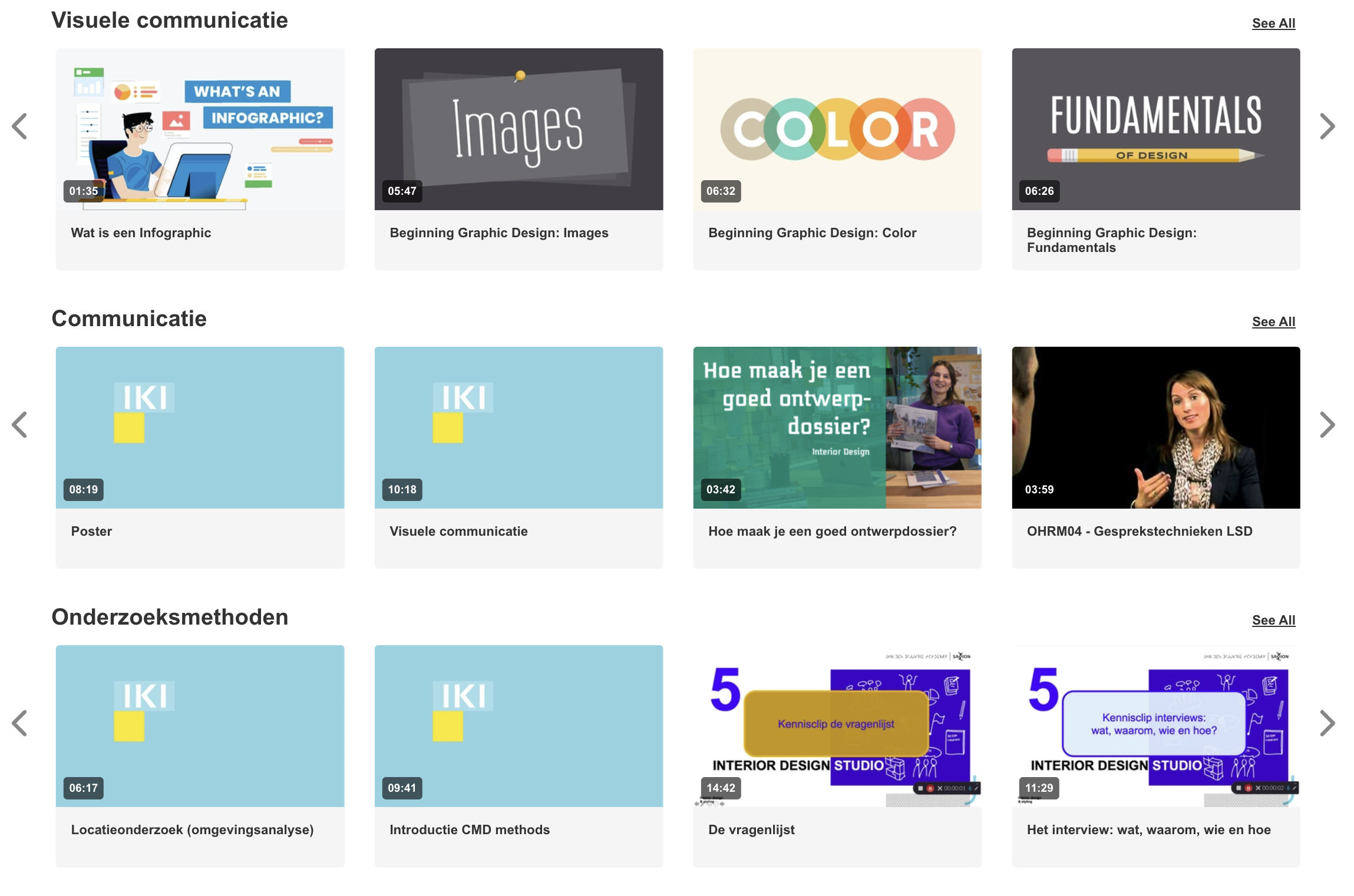 een voorbeeld van een kanaalpagina waar je de verschillende cliptypes ziet middels de thumbnails.