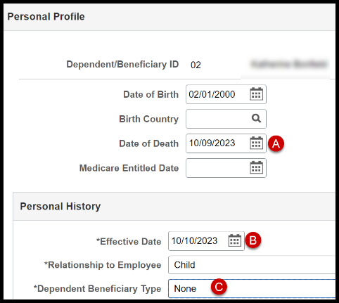example of personal profile page with dates