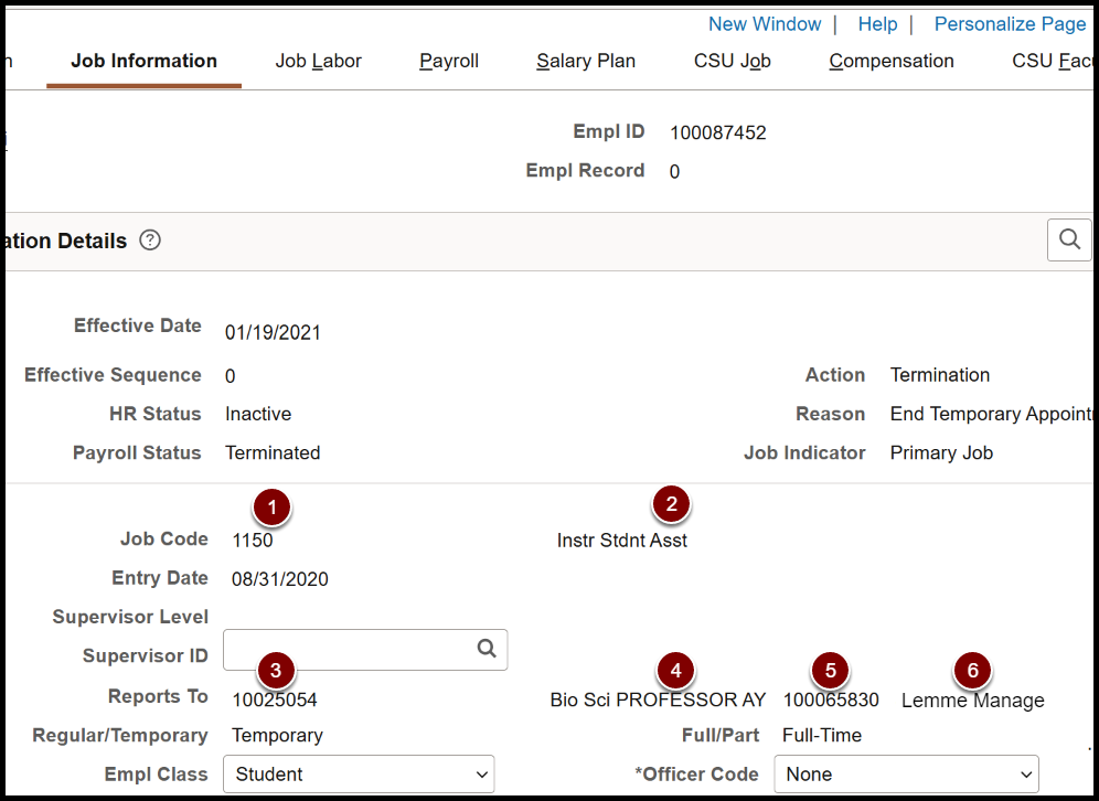 Job Information page. Key fields are indicated by letters. These fields are listed in the field column.