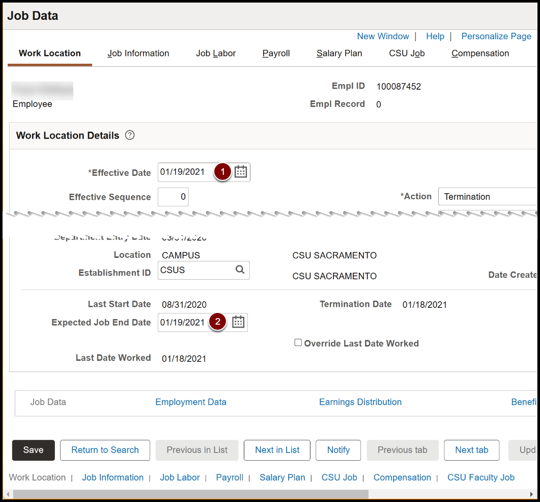 Job Information page. Key fields are indicated by letters. These fields are listed in the field column.