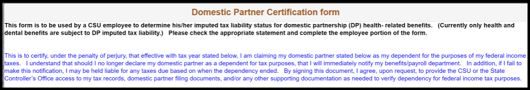 Top of Domestic Partner Certification form