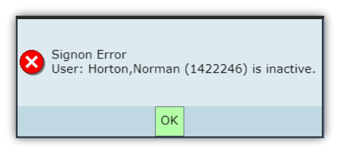 Sign on error advising that student is inactive.