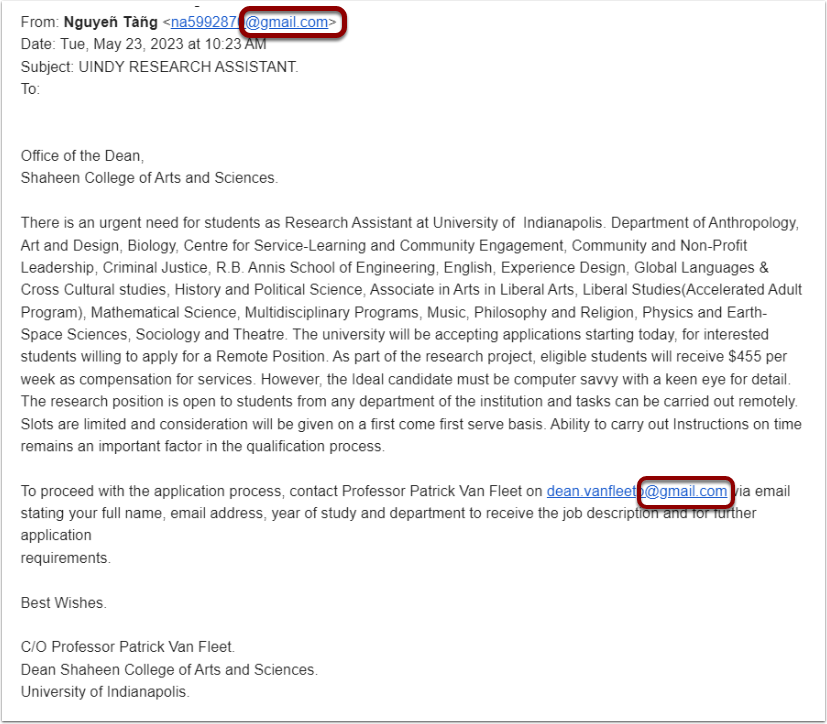 Depicts actual job scam email