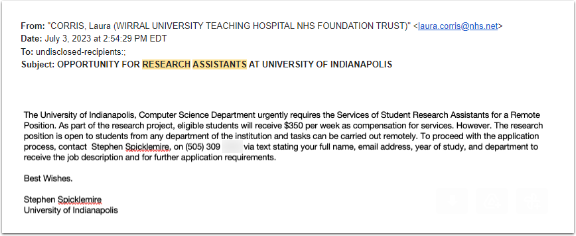 Depicts actual job scam email