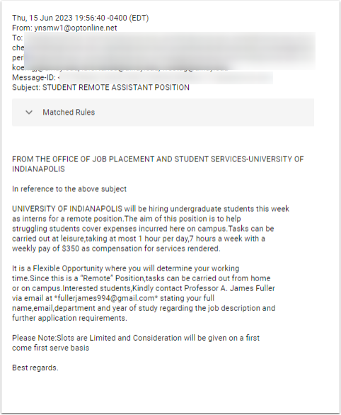 Depicts actual job scam email