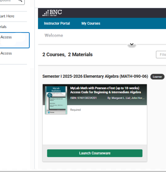 Depicts what students see for course materials with "launch courseware" button at the bottom