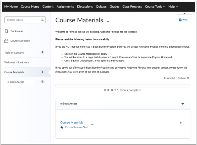 Depicts Course Materials page with e-Book Access