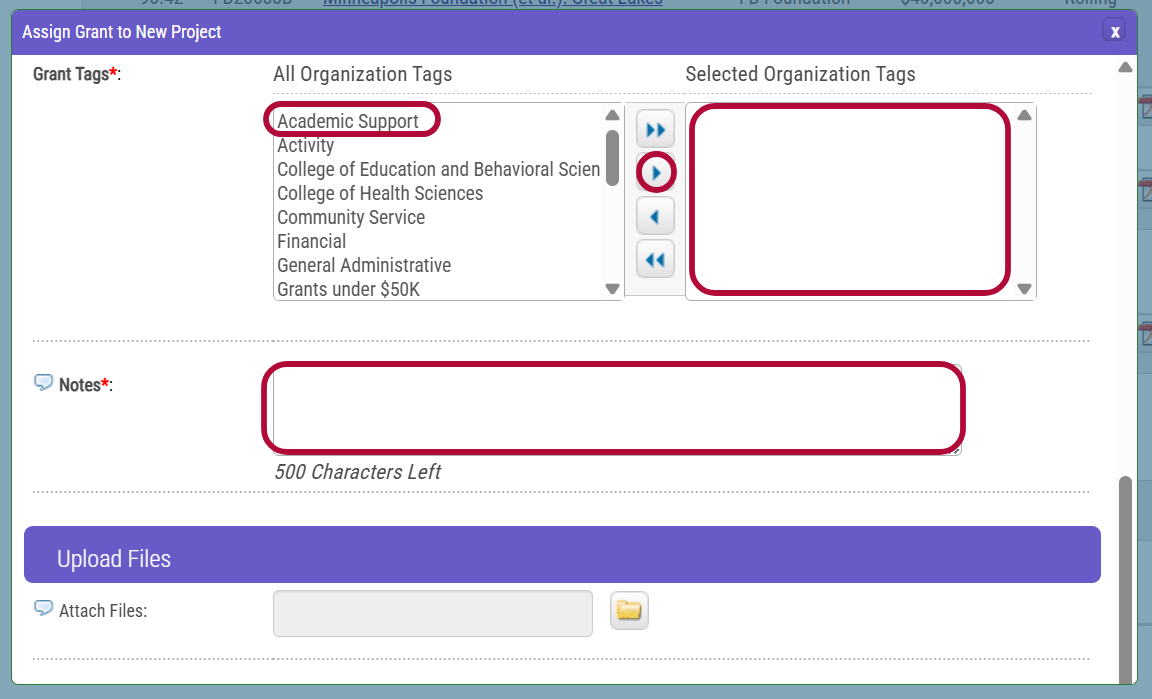 Depicts grant tags, selected organization tags, and notes