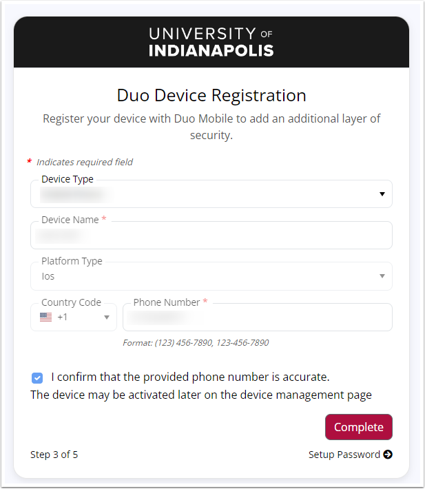 Depicts step if you choose to skip Duo Mobile and receive text messages instead
