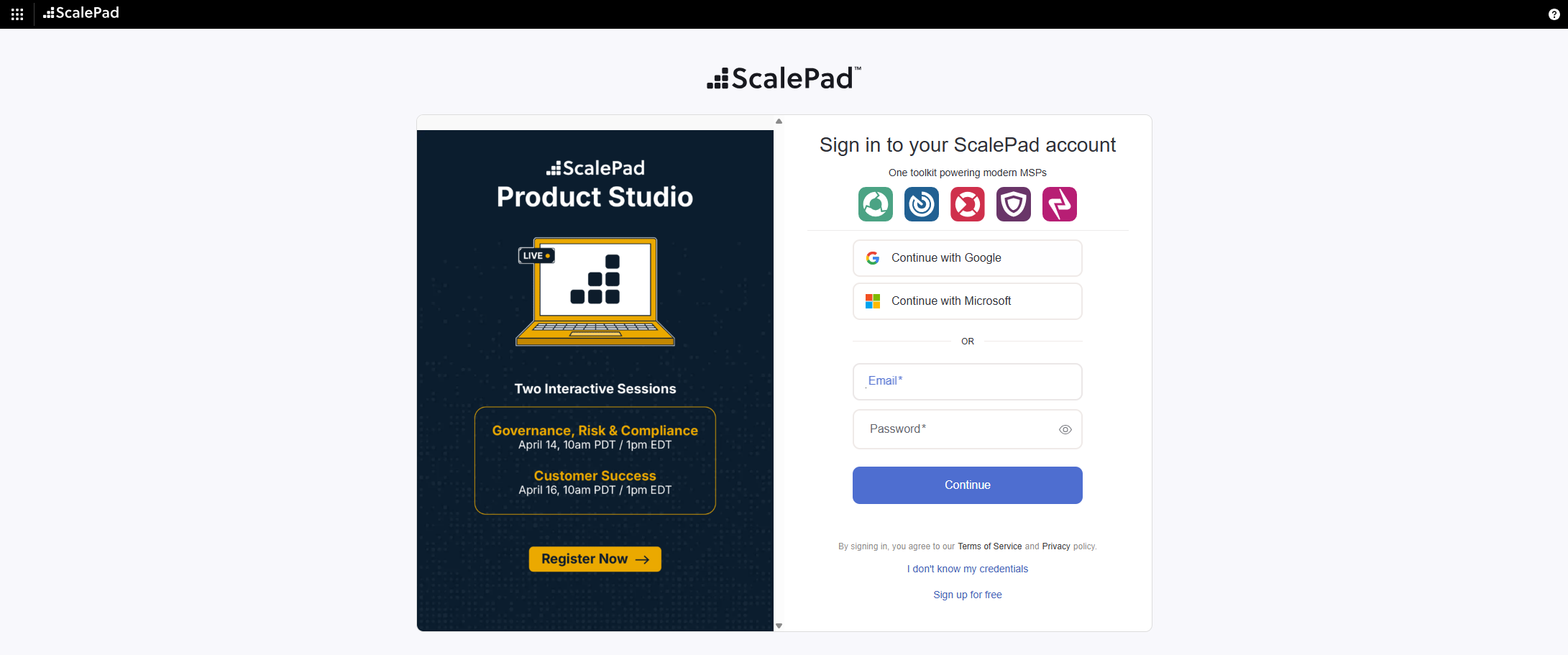 ScalePad Lifecycle Manager Hub sign-in page