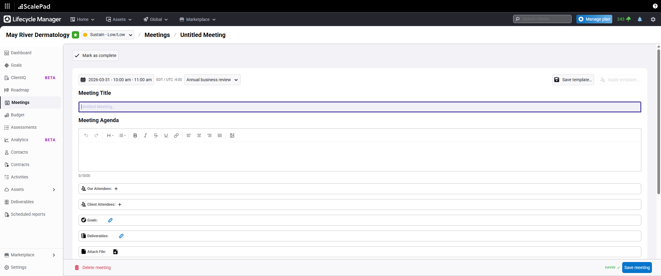 Meeting type, title, agenda, and attendees fields