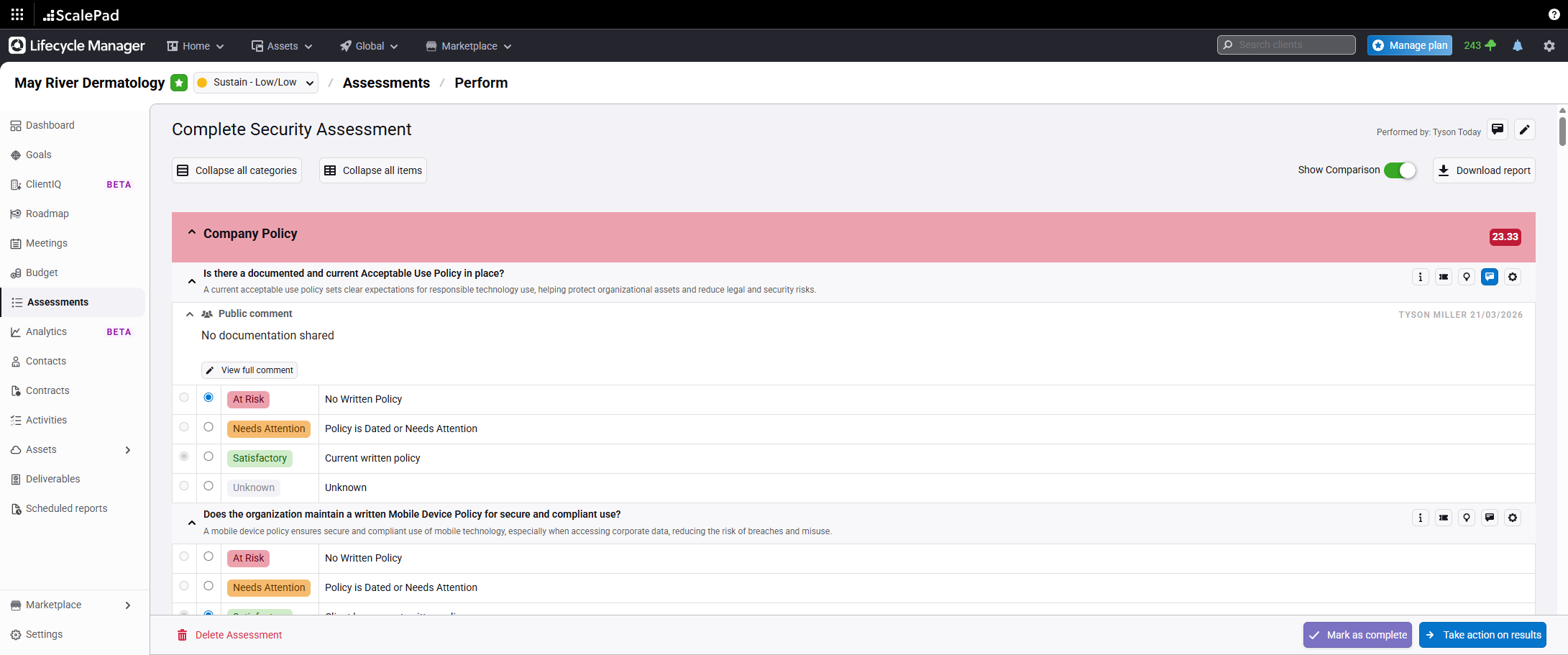 Mark as complete button in the bottom right of the assessment