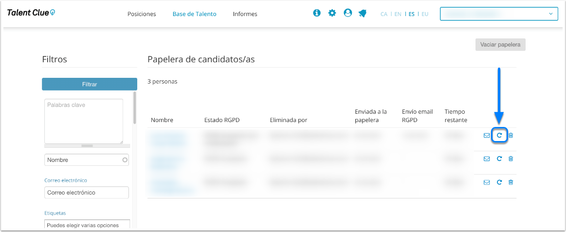 Opción para recuperar un candidato desde la papelera