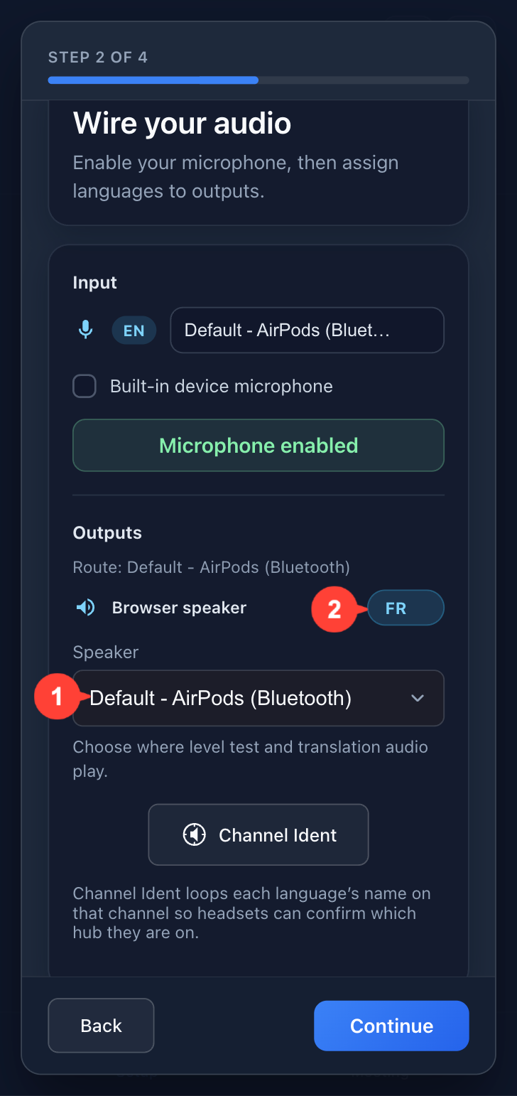 Selecting language and output device