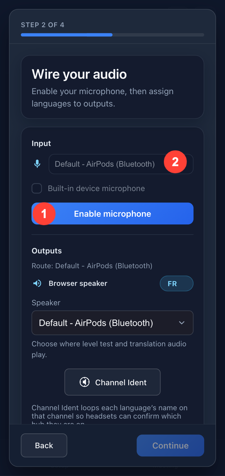 Enable Microphone button and input device selection